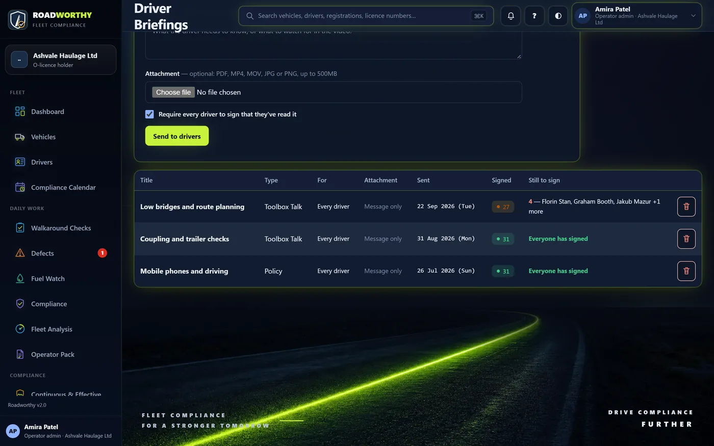 Driver briefings showing who has signed