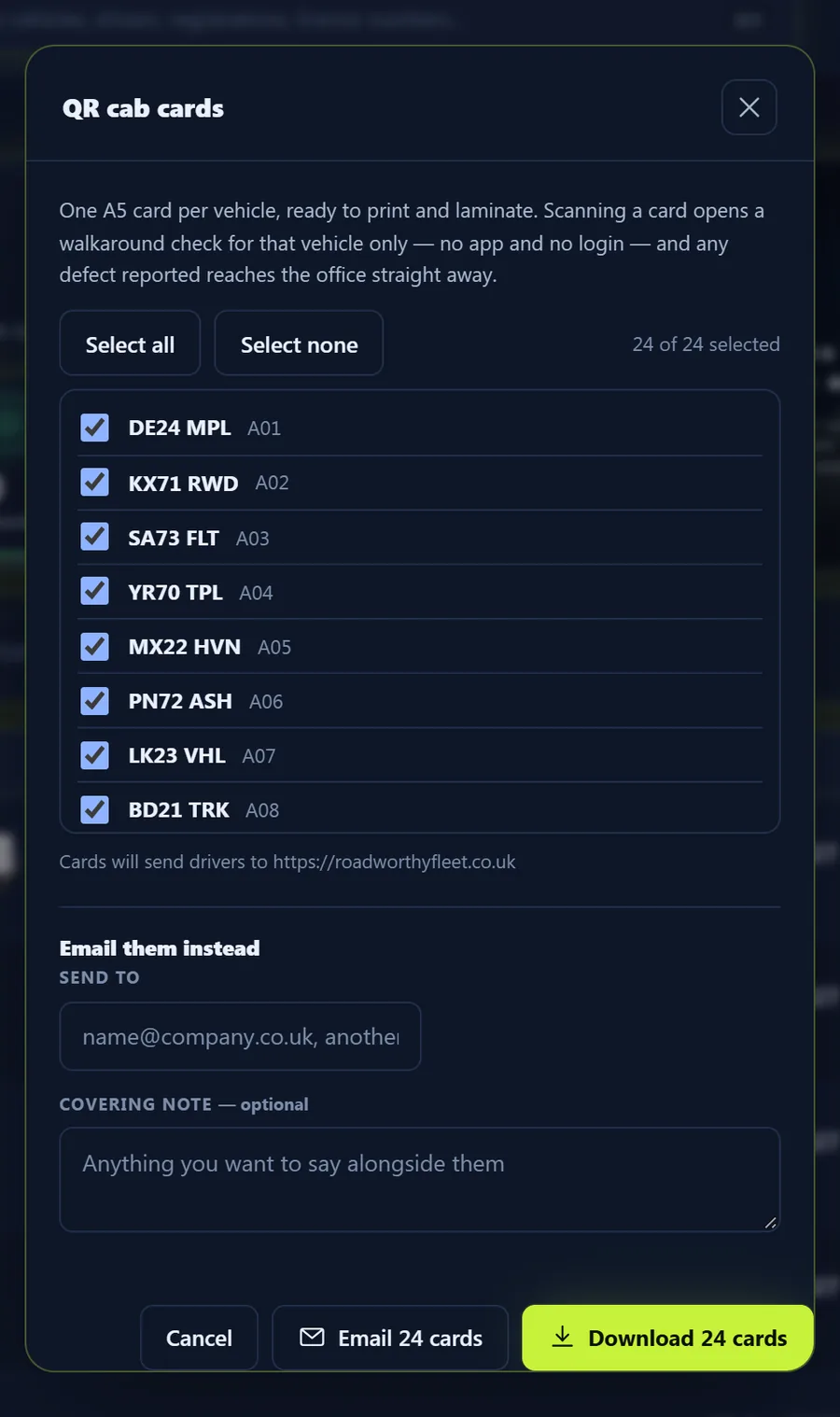 Choosing vehicles and downloading their QR cab cards