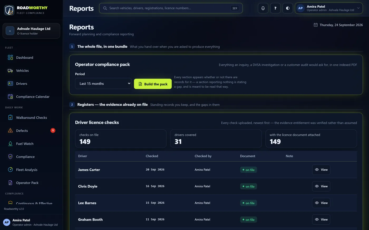 The Reports screen: build the operator compliance pack for any period