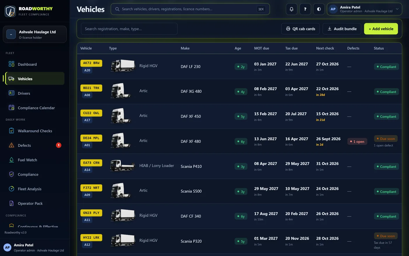 The vehicles list with MOT, tax and next inspection for each vehicle